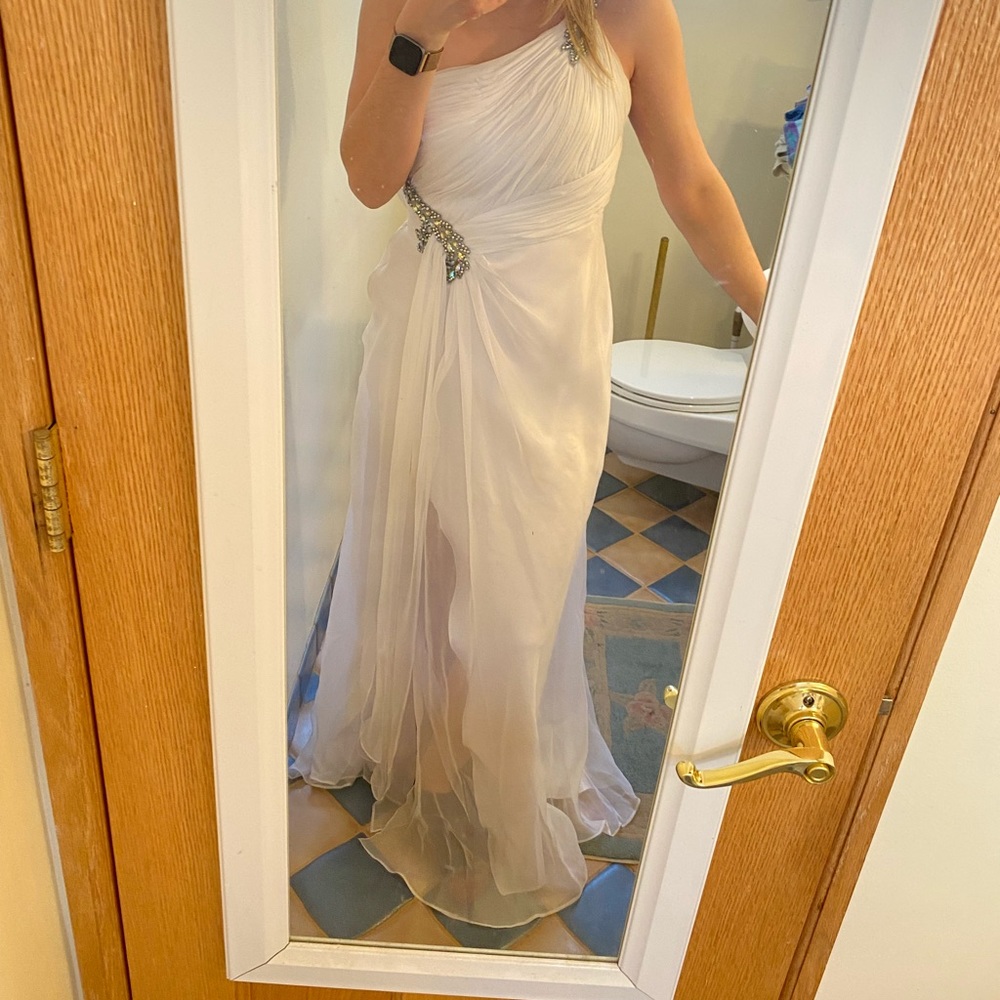 La Femme White One Shoulder Prom Dress